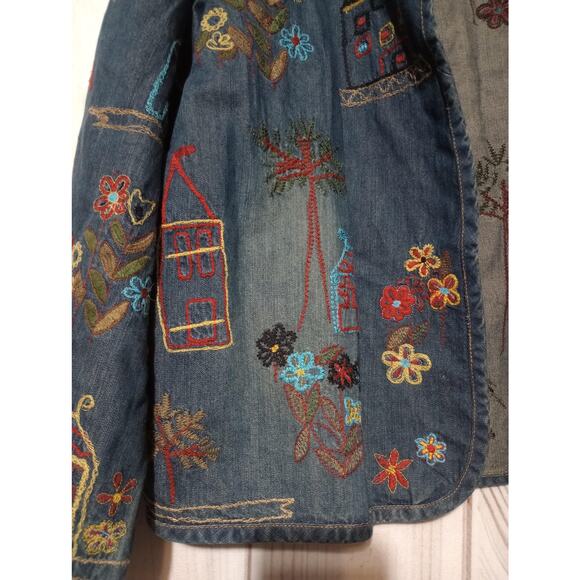 Chicos Jacket Womens 2 Blue Embroidered Boho Open Front Cotton Floral Houses - Picture 2 of 7